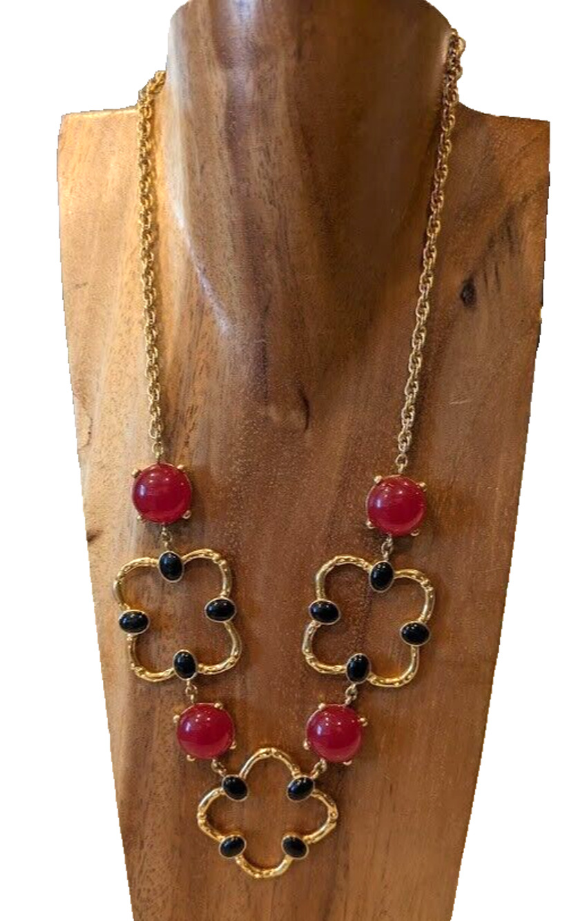 VTG Art Deco Coloured Black Red Beads Gold Tone Clover Statement Necklace Rare